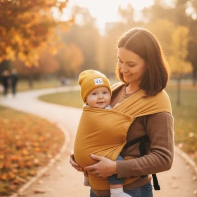 Bonnet bébé garçon jaune , bébé porté dans l'écharpe de portage