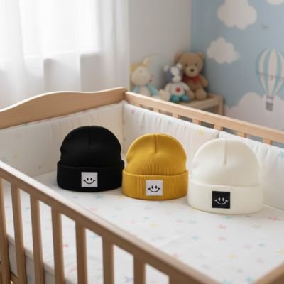 Bonnet bébé garçon noir, jaune, blanc posés sur le lit de bébé