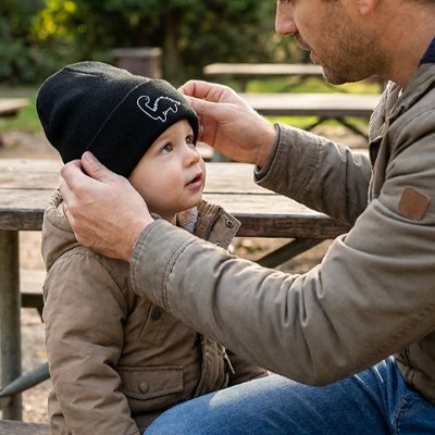 Bonnet bébé garçon papa range le bonnet de son fils