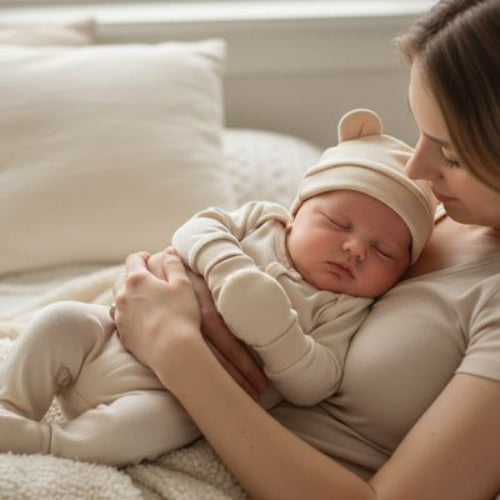 Bonnet bébé naissance beige maman porte son bébé