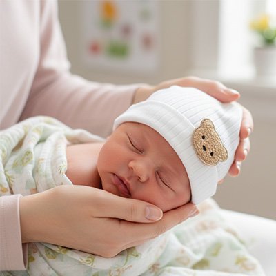 Bonnet bébé naissance blanc, bébé dort dans les bras de sa maman