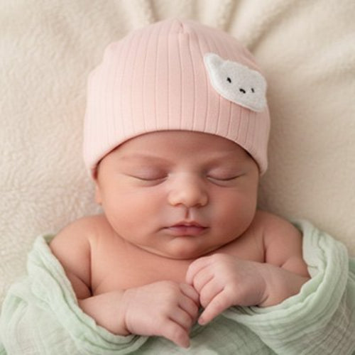 Bonnet bébé naissance rose, bébé qui dort tranquillement