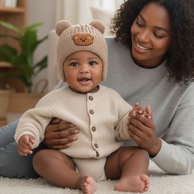 Bonnet bebe ours kaki bébé assis sur le tapis avec sa maman