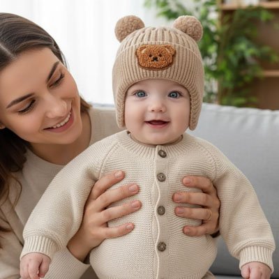 Bonnet bebe ours kaki, bébé tout joyeux regarde vers l'avant