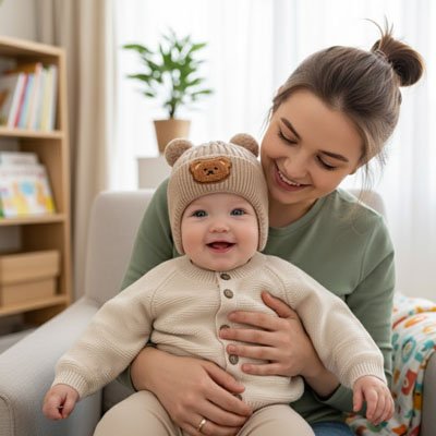 Bonnet bebe ours kaki maman tient le bébé dans ses bras