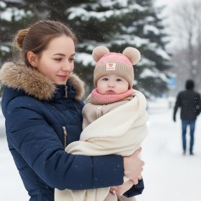 Bonnet bebe rose beige , maman admire son enfant qui regarde vers l'avant