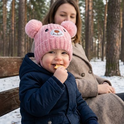 Bonnet bebe rose maman et son enfant assis sur un banc