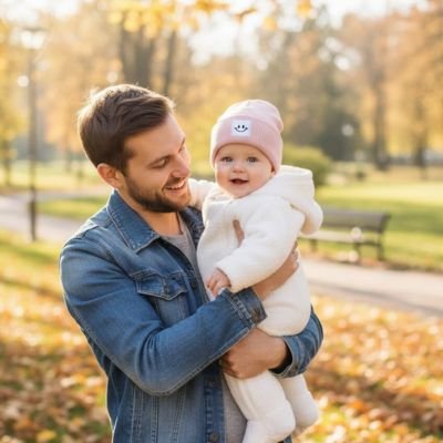 Bonnet bebe rose papa qui regarde sa fille en souriant