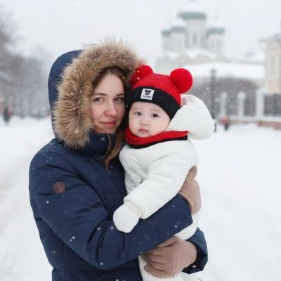 Bonnet bebe rouge noir maman et son enfant dans la neige