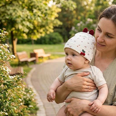 Bonnet naissance bebe cerise, bébé avec sa maman admirent les fleurs