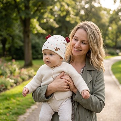 Bonnet naissance bebe coeur, bébé dans les bras de sa maman regarde vers l'avant