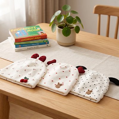 Bonnet naissance bebe points noirs, cerise posés sur la table