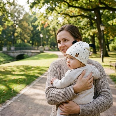 Bonnet nsissance bebe points noirs, maman et bébé regardent vers l'avant