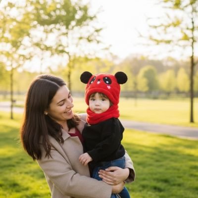 Cagoule bebe bébé bien au chaud avec sa maman