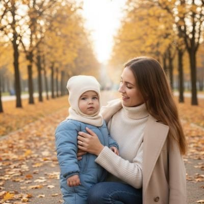 Cagoule bébé beige enfant bien au chaud avec sa maman