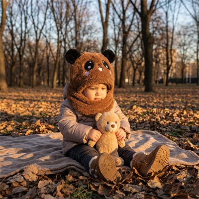 Cagoule bebe marron l'enfant assis avec son doudou