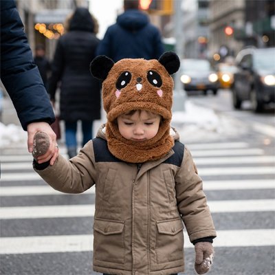 Cagoule bebe  marron, l'enfant dans la rue avec son parent