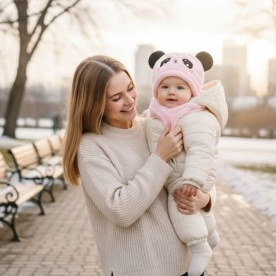Cagoule bebe  rose bébé bien confortable avec sa maman dans la rue