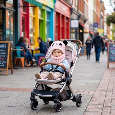 Cagoule bebe rose l'enfant dans sa poussette dans la rue