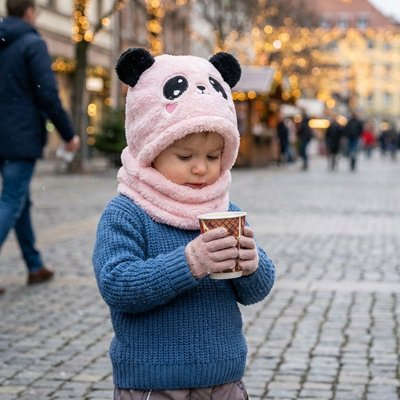 Cagoule bebe rose ,l'enfant qui teint un gobelet dans ses mains