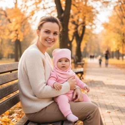 Cagoule bébé rose maman assise sur un banc avec son bébé 