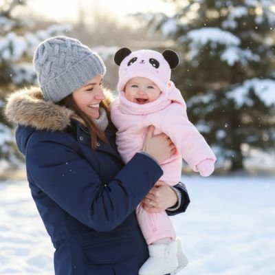 Cagoule bebe rose maman dans la neige avec son bébé 