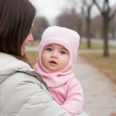 Cagoule bébé rose maman qui regarde son enfant