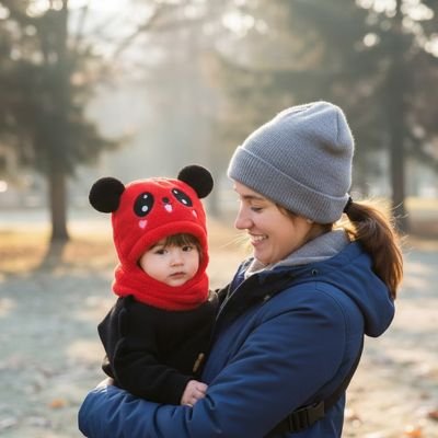 Cagoule bebe rouge enfant bien protégé dans les bras de sa maman
