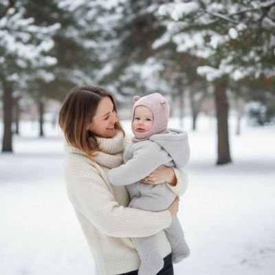 Cagoule pour bebe beige bébé bien protégé avec sa maman dans la neige 