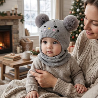 Cagoule pour bebe gris maman assise au salon avec son enfant dans les bras