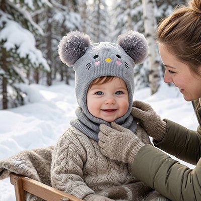 Cagoule pour bebe gris  maman qui sourit à son fils en le touchant