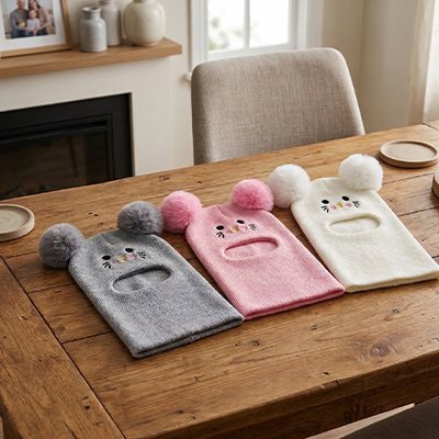 Cagoule pour bebe gris, rose, blanc posées sur une table