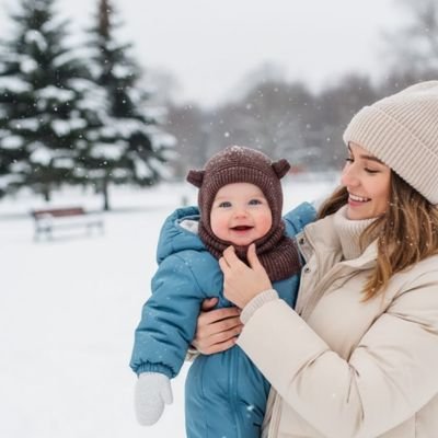 Cagoule pour bebe marron bébé qui sourit dans la neige avec sa maman