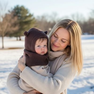 Cagoule pour bebe  marron maman tient son bébé dans les bras en le regardant