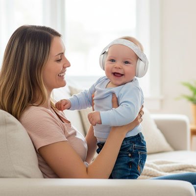 Casque anti bruit bébé  blanc, assise sur le sofa tenant son fils qui sourit