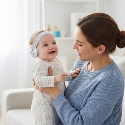 Casque anti bruit bébé  blanc bébé qui rit dans les mains de sa maman