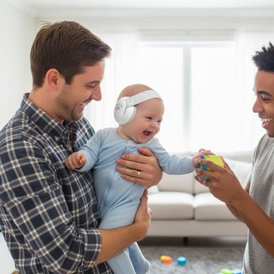 Casque anti bruit bébé  blanc bébé s'amuse dans les bras de son papa 