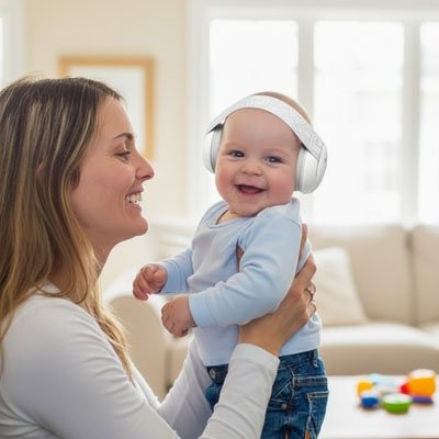 Casque anti bruit bébé  blanc maman sourit en regardant son fils