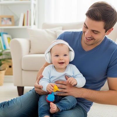 Casque anti bruit bébé  blanc papa assis sur le tapis avec son bébé 