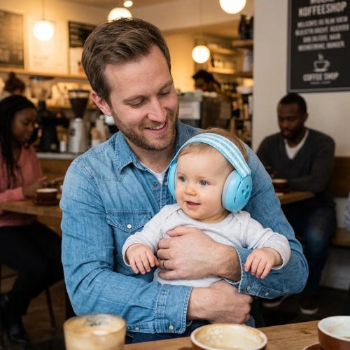 Casque anti bruit bébé bleu bebe au restaurant avec son papa