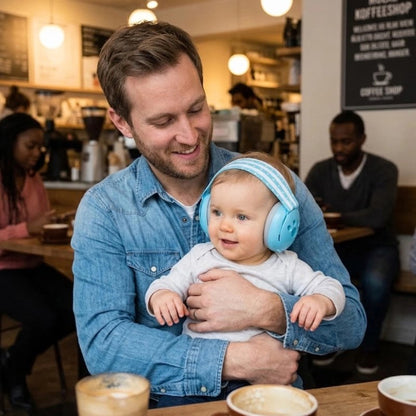 Casque anti bruit bébé bleu bebe au restaurant avec son papa