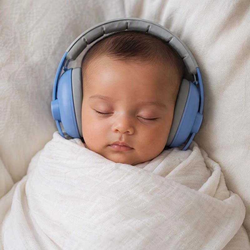 Casque anti bruit bebe bleu bebe qui dort tranquillement dans son lit