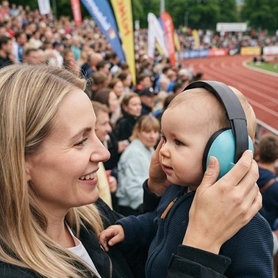 Casque anti bruit bébé bleu ciel maman et son bébé au stade
