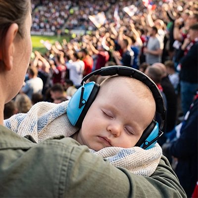Casque anti bruit bébé bleu maman en plein stade avec bébé qui dort