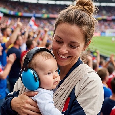 Casque anti bruit bébé bleu maman regarde son bébé en souriant