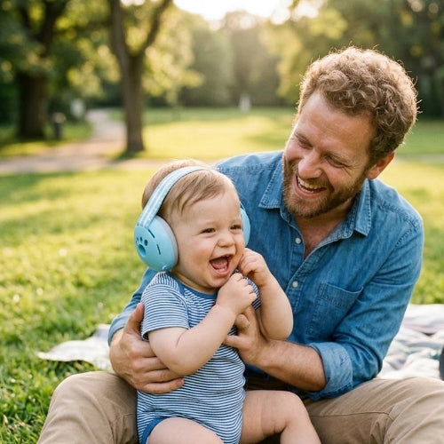 Casque anti bruit bébé bleu papa et son enfant tres joyeux au parc