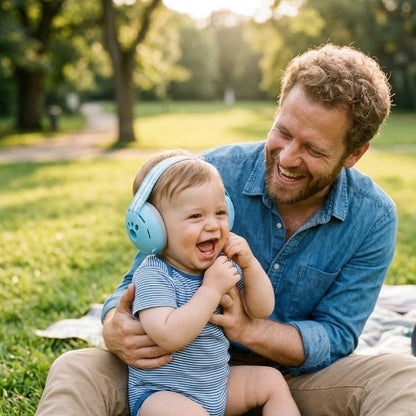 Casque anti bruit bébé bleu papa et son enfant tres joyeux au parc