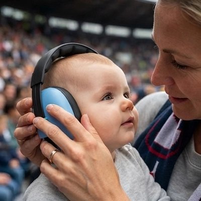 Casque anti bruit bebe bleu que maman place sur les oreilles de bébé