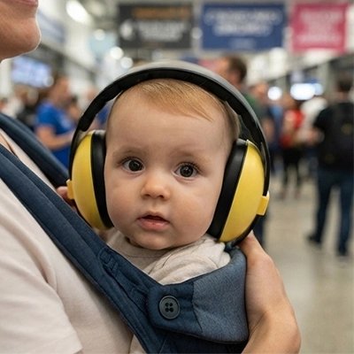 Casque anti bruit bebe jaune maman avec son bébé à l' aéroport 