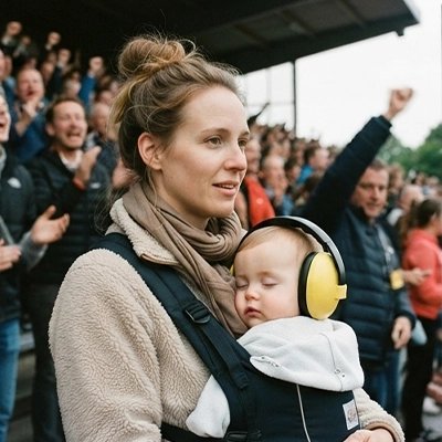 Casque anti bruit bebe jaune maman dans la tribune du stade avec son bébé 